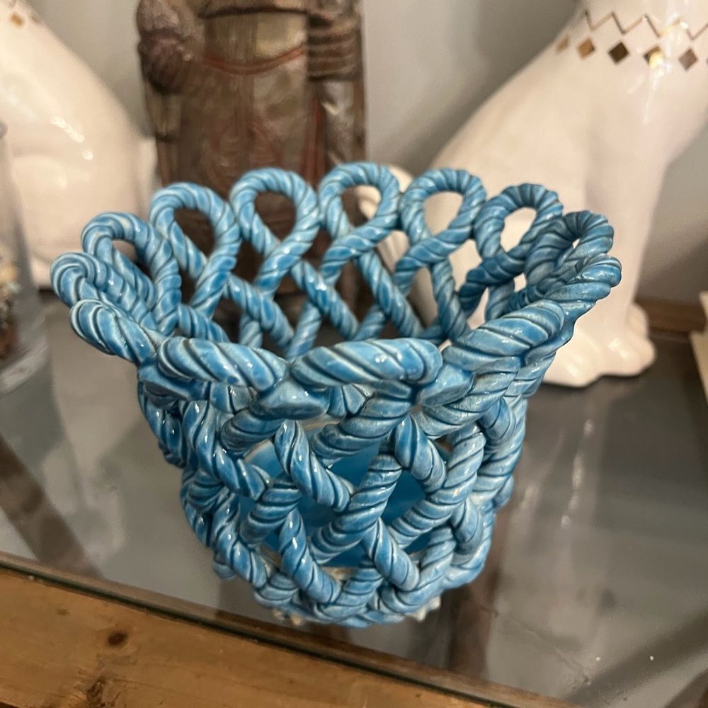 Hispania footed weave design Blue ceramic vintage Made in Spain  Rope Basket